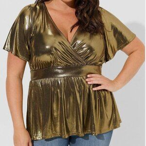 Torrid Liquid Shine Surplice Split Sleeve Peplum Gold Metallic Wrap Top 2X New